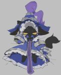 2026 absurd_res anthro armor biped black_body black_fur blush blush_lines bow_ribbon cel_shading clothed clothing convenient_censorship crossdressing digital_drawing_(artwork) digital_media_(artwork) dress erection erection_under_clothing featureless_feet feet fur gauntlets gloves half-closed_eyes handwear hat headgear headwear hi_res high-angle_view league_of_legends lying male male_anthro monotone_body monotone_fur narrowed_eyes on_back partially_clothed partially_clothed_anthro partially_clothed_male plantigrade ramssa riot_games shaded slim slim_anthro slim_male solo tabard tail tencent veigar witch_hat yordle