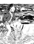  1girl beach blush closed_eyes dog greyscale hood hoodie masuda_(yousaytwosin) monochrome original outdoors short_shorts shorts smelling smelling_crotch smile solo waves 