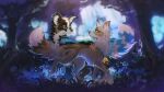 2024 ambiguous_gender bell bell_collar blue_body blue_collar blue_eyes blue_fur brown_body brown_eyes brown_fur brown_nose canid canine canis collar cowbell coyote detailed_background digital_media_(artwork) digital_painting_(artwork) digitigrade duo eye_contact eyewear feather_accessory feral forest fur glasses grass grey_nose hi_res inner_ear_fluff looking_at_another magenta7 mammal markings night outside painting_(artwork) paws pink_inner_ear plant rectangular_glasses ring_(marking) ringed_tail shaded smile smiling_at_another smiling_at_each_other standing striped_markings striped_tail stripes tail tail_markings tan_body tan_fur tree tuft walking wearing_glasses white_body white_fur white_inner_ear_fluff