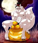  2019 4_toes 5_fingers abs anthro biceps biped bulge canid canine canis claws clothing digitigrade eyebrows fingers food fruit full_moon fur grin hat headgear headwear hi_res hungothenomster jack-o&#039;-lantern looking_at_viewer male mammal moon muscular muscular_male muscular_thighs night nipples pecs plant pumpkin sharp_teeth sitting smile solo speedo swimwear teeth tight_underwear toe_claws toes top_hat were werecanid werecanine werewolf white_body white_fur white_skin wolf yellow_eyes 