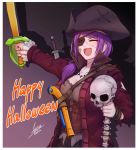  1girl :d airisubaka artist_name black_headwear breasts cleavage closed_eyes commentary eyepatch gun halloween_costume happy_halloween hat holding holding_skull holding_sword holding_weapon jacket large_breasts leah_(airisubaka) long_hair open_mouth original pirate_costume pirate_hat purple_hair red_jacket skull smile solo sword torn_clothes torn_jacket upper_body weapon 