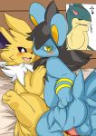  &lt;3 2019 3_toes alternate_version_at_source backsack balls bed black_body black_fur blue_body blue_fur blush bodily_fluids digital_media_(artwork) eeveelution eyes_closed female feral fur furniture hi_res japanese_text jolteon licking luxio male male/female nekonade nintendo open_mouth paws penis perineum pok&eacute;mon pok&eacute;mon_(species) quilava semi-anthro soles sweat text toes tongue tongue_out video_games white_body white_fur yellow_body yellow_fur 