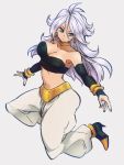  1girl android_21 bare_shoulders black_nails blue_eyes bracelet breasts cleavage cosplay detached_sleeves dragon_ball dragon_ball_fighterz earrings harem_pants hoop_earrings jewelry jumping kemachiku large_breasts long_hair looking_at_viewer majin_android_21 majin_android_21_(cosplay) nail_polish pants solo stomach white_hair white_pants 