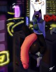 absurd_res anthro apartment_building arctic_fox balls bama_(fisherdick) big_balls big_penis bottomless bottomless_male building canid canine city cityscape clothed clothing cyberpunk epic_games exhibitionism felid feline fisher_dick footwear fortnite fox genitals hi_res hoodie huge_balls huge_penis hyper hyper_balls hyper_genitalia hyper_penis male mammal meowscles neon_lights nyanja_(fortnite) penis shoes shoes_without_bottomwear sitting socks solo topwear true_fox