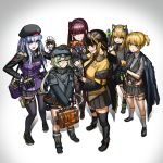  6+girls bandaid bandaid_on_nose bangs beret black_footwear black_gloves black_hair black_headwear black_legwear black_skirt blonde_hair blush cat_ear_headphones character_doll closed_eyes closed_mouth commentary_request eyebrows_visible_through_hair facial_mark girls_frontline gloves green_eyes green_hair hair_ornament hair_ribbon half_updo hat headphones highres hk416_(girls_frontline) hs2000_(girls_frontline) jacket jojogwang kneehighs long_hair long_sleeves m16a1_(girls_frontline) m4a1_(girls_frontline) multicolored_hair multiple_girls necktie open_mouth petting pleated_skirt purple_hair red_ribbon ribbon silver_hair skirt smile standing teeth thighhighs tmp_(girls_frontline) two-tone_hair wa2000_(girls_frontline) welrod_mk2_(girls_frontline) 