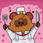  &lt;3 1:1 2019 absurd_res anthro brown_body brown_fur canid canine chef chef_hat clothing fur hat headgear headwear hi_res humanoid_hands knife mammal raccoon_dog radanthony simple_background solo spatula tanuki tools 