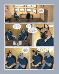 anthro barefoot boom canid canine canis chair clock clothing collared_shirt comic container cup demicoeur dialogue domestic_dog door dress_shirt duo feet furniture gun hand_on_table hi_res inner_ear_fluff male mammal mug onomatopoeia orange_eyes paper ranged_weapon security security_guard shirt slim sound_effects surprised swivel_chair teeth text topwear trash_can tuft weapon wide_eyed