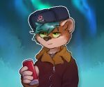 :| ambiguous_gender anthro asian_small-clawed_otter aurora_(phenomenon) beverage beverage_can blue_hair brown_body brown_clothing brown_fur brown_jacket brown_topwear clothing eye_bags fur green_eyes grey_clothing grey_shirt grey_topwear hair half-closed_eyes hat headgear headwear hi_res holding_beverage holding_object jacket mammal multicolored_body mustelid narrowed_eyes norwegian_text otter otterlytoast_(character) shirt skymafia solo text tired topwear ushanka zipper