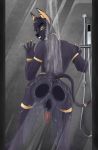  anubian_jackal anus balls black_body black_fur butt canid canine canis feralheart_(artist) fur hi_res jackal looking_at_viewer male mammal nude on_glass penis presenting shower smile solo water wet 