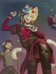 abstract_background alternative_fashion anthro arm_tattoo black_hair black_nose blonde_hair blue_eyes blue_hair bracelet cheek_stripes clothed clothing collar colored dancing digital_media_(artwork) domestic_cat emo eruca felid feline felis femboy fluffy fluffy_ears fluffy_tail fur goth grey_body grey_fur grey_stripes hair hi_res highlights_(coloring) jewelry link_(linklynx) linklynx male mammal markings multicolored_hair music musical_symbol necklace nose_stripe nose_stripes pantherine scene_(fashion) shirt signature sleeveless_shirt sleeveless_topwear smile standing straps striped_body striped_fur striped_markings stripes symbol tail tattoo tiger topwear white_body white_fur