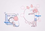  1girl animal artist_name barefoot blue_shorts bunny closed_eyes clothes_dryer fluffy grey_background medium_hair meyoco multiple_views no_nose original oversized_animal pink_hair shirt short_sleeves shorts simple_background smile white_shirt 