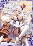  1girl akkijin blue_eyes breasts card_(medium) carnival churrasco collarbone dress food fruit gloves hat large_breasts looking_at_viewer meat official_art outdoors ribbon shinkai_no_valkyrie smile thighhighs white_dress white_footwear white_gloves white_hair white_legwear yellow_ribbon 
