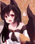  1girl :d animal_ears autumn blurry blurry_background blush breasts brooch brown_hair dress eighth_note fang food imaizumi_kagerou jewelry long_hair medium_breasts musical_note offering open_mouth red_eyes sivamaron smile solo spoken_musical_note sweet_potato touhou transparent upper_body wolf_ears yakiimo 