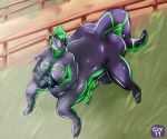  2019 animal_genitalia balls big_breasts breasts butt cev dragon green_eyes green_hair gynomorph hair hi_res horn intersex latex_skin nipples nude penis purple_body purple_skin reptile rubber scalie taur thick_thighs 