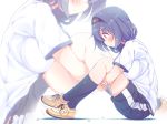  1girl black_legwear blue_hair blush breasts buruma eyebrows_visible_through_hair from_side furutani_himawari hairband kneehighs large_breasts looking_away parted_lips shirt shoes short_hair short_sleeves sitting sneakers solo takahero white_shirt yuru_yuri 