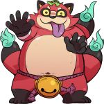  2019 anthro belly blush canid canine hi_res humanoid_hands leaf mammal multi_tail navel overweight raccoon_dog shirokumaou simple_background tanuki teastroyer tongue tongue_out video_games white_background yo-kai_watch 