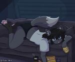 anthro artist_name ass_up beverage_can black_hair byeol_(fuuki_art) canid canine canis chips_(food) clothing colored eyewear female food fur furniture fuuki_art glasses grey_body grey_fur hair hi_res holding_food holding_object inner_ear_fluff inside lying lying_on_sofa mammal on_front on_sofa panties pawpads raised_tail round_glasses shaded shirt sofa solo t-shirt tail text tongue tongue_out topwear tuft underwear wolf