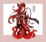  1girl absurdres blush chinese_clothes hair_ornament highres holding_whip japanese_clothes long_hair monster_girl original red_eyes red_hair solo tentacles user_gemh8258 very_long_hair whip 
