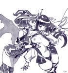  2girls areola_slip areolae asymmetrical_wings blush breast_grab breasts center_opening commentary detached_sleeves dizzy dress english_commentary fingerless_gloves gloves grabbing guilty_gear hair_ribbon hair_rings hat highleg highleg_panties i-no inktober large_breasts long_hair marker_(medium) microdress monochrome multiple_girls nipples no_bra o-ring one_breast_out optionaltypo over-kneehighs panties revealing_clothes ribbon short_hair skindentation tail tail_ribbon thick_thighs thigh_strap thighhighs thighs traditional_media underwear wince wings witch_hat yuri 