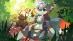 2026 4_fingers 4_toes absurd_res anthro apple biped blue_eyes blush blush_lines brown_body brown_fur canid canine canis cel_shading chest_tuft claws day digital_drawing_(artwork) digital_media_(artwork) duo eating eating_apple eating_food eating_fruit feet fingers fluffy fluffy_tail food forest_background fruit fur grey_body grey_fur hi_res hlg7777 inner_ear_fluff kemono leaf light log looking_at_viewer male mammal multicolored_body multicolored_fur navel on_log pawpads pink_pawpads plant procyonid raccoon red_body red_fur shaded sitting sitting_on_log sumio summer sunlight tail toe_claws toes tree tuft wallpaper white_body white_fur widescreen wolf wood