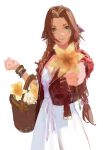  1girl absurdres aerith_gainsborough basket bracelet braid braided_ponytail commentary dress final_fantasy final_fantasy_vii final_fantasy_vii_remake flower green_eyes hair_ribbon highres holding holding_basket holding_flower jacket jewelry jolseon looking_at_viewer open_clothes open_jacket outstretched_arm parted_bangs parted_lips pink_ribbon ponytail red_jacket ribbon short_sleeves solo upper_body white_background yellow_flower 