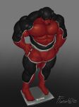 absurd_res anthro barefoot black_body black_fur bottomwear canid canine canis clothed clothing domestic_dog eyebrows feet flintartz frown fur hands_on_hips hi_res looking_down male male/male mammal mastiff molosser nipples red_body red_fur rottweiler shorts shorts_only simple_background solo standing topless weighing_scale white_body white_fur