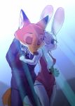  anthro anthro_on_anthro bottomwear breasts canid canine cheek_tuft cleavage clothed clothing collar dipstick_ears disney dress duo eyes_closed face_tuft female fox fully_clothed fur hi_res inner_ear_fluff judy_hopps lagomorph leporid light lighting mammal miroukitsu mitsuharu multicolored_ears nick_wilde orange_body orange_fur pants pink_nose purple_eyes rabbit red_fox shock_collar suit tuft zootopia 