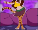  anklet anthro big_breasts bracelet breasts brown_hair clothing dancing digital_media_(artwork) feet felid female fur hair hi_res iamaneagle_(artist) jewelry long_legs mammal necklace pantherine pillow plantigrade scales stripes tiger tight_clothing wide_hips 