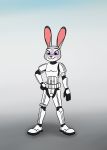  absurd_res anthro armor crossover disney gradient_background grey_background hand_on_hip hi_res judy_hopps lagomorph leporid mammal multicolored_body purple_eyes rabbit redtriangle simple_background smile standing star_wars stormtrooper two_tone_body zootopia 