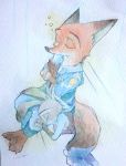  anthro barefoot canid canine claws clothed clothing crossed_arms dipstick_ears disney duo eyes_closed fox fully_clothed fur grey_body grey_fur hi_res judy_hopps lagomorph leporid lying mammal multicolored_ears nick_wilde on_side orange_body orange_fur painting_(artwork) police_uniform rabbit red_fox sitting sleeping toe_claws traditional_media_(artwork) ulako uniform watercolor_(artwork) zootopia 