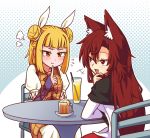  2girls :d :t =3 animal_ear_fluff animal_ears bangs beer_mug blonde_hair blue_background blush breasts brown_hair chair commentary cup double_bun dress drinking_glass drinking_straw english_commentary eyelashes fang feet_out_of_frame finger_to_chin flying_sweatdrops from_behind hair_between_eyes hair_ribbon halftone halftone_background hand_on_own_chin hand_up ice ice_cube imaizumi_kagerou joutouguu_mayumi long_sleeves looking_at_another multiple_girls nail_polish open_mouth puffy_short_sleeves puffy_sleeves red_eyes red_nails ribbon shirt short_hair short_sleeves sitting small_breasts smile table touhou upper_body vambraces white_background white_dress white_ribbon white_shirt wolf_ears wool_(miwol) yellow_dress yellow_eyes 
