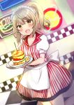  1girl :d apron bangs blurry blurry_background blush checkered checkered_floor collarbone collared_shirt commentary_request depth_of_field eyebrows_visible_through_hair fangs food french_fries hair_between_eyes hamburger high_ponytail highres holding holding_tray indoors kneeling light_brown_hair looking_at_viewer maid_headdress minami_saki neon_lights open_mouth original plate ponytail puffy_short_sleeves puffy_sleeves shirt short_sleeves skirt smile solo standing striped striped_shirt tray vertical-striped_shirt vertical-striped_skirt vertical_stripes waist_apron waitress white_apron yellow_eyes 