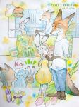  2018 anthro barefoot bell_pepper beverage bottomwear broccoli burger canid canine carrot cheese clothed clothing comic dairy_products dialogue disney dress duo english_text food fox fruit fully_clothed fur gesture green_eyes grey_body grey_fur hi_res judy_hopps lagomorph leporid looking_at_another mammal nick_wilde orange_body orange_fur painting_(artwork) pants pepper_(fruit) plant pointing purple_eyes rabbit red_fox shirt shopping smile speech_bubble t-shirt text tomato topwear traditional_media_(artwork) ulako vegetable watercolor_(artwork) white_body white_fur wine_bottle wine_glass zootopia 