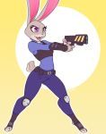  anthro belt blue-bagel buckteeth clothed clothing disney electroshock_weapon fully_clothed fur grey_body grey_fur holding_object holding_weapon judy_hopps lagomorph leporid mammal open_mouth open_smile police_uniform purple_eyes rabbit scut_tail simple_background smile solo standing stun_gun teeth toeless_legwear tongue uniform weapon white_background yellow_background zootopia 