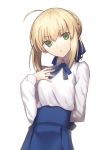  1girl ahoge arm_behind_back artoria_pendragon_(all) bangs blonde_hair breasts dress fate/grand_order fate/stay_night fate_(series) flat_chest green_eyes hair_ribbon hand_on_own_chest kauto long_sleeves looking_at_viewer open_mouth ponytail ribbon saber short_hair skirt solo 