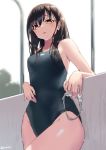  1girl bangs bare_shoulders black_hair black_swimsuit blush breasts brown_eyes competition_swimsuit goggles goggles_removed jonsun long_hair looking_at_viewer medium_breasts one-piece_swimsuit open_mouth original solo swimsuit wet 