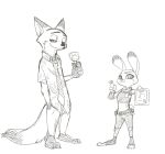  2016 3_toes 4_fingers anthro barefoot biped bottomwear canid canine clipboard clothed clothing dipstick_ears dipstick_tail disney duo female fingers food fox fully_clothed fur hand_in_pocket hi_res inner_ear_fluff judy_hopps lagomorph leporid long_ears looking_at_viewer male mammal multicolored_ears multicolored_tail necktie nick_wilde pants pawpsicle plantigrade pockets police_uniform popsicle puki rabbit shirt simple_background sketch smile standing toes topwear tuft uniform zootopia 