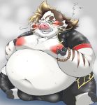  2019 anthro belly blush bottomwear clothing domestic_pig eyewear fur glasses hamatnk japanese_text licho_(tas) male mammal moobs navel nipples obese overweight pants solo suid suina sus_(pig) text tokyo_afterschool_summoners video_games white_body white_fur 