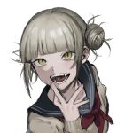  1girl bangs beige_serafuku blonde_hair blunt_bangs blush boku_no_hero_academia fangs fingernails hair_bun highres ktym_777 medium_hair nail_polish open_mouth pink_nails red_neckwear school_uniform serafuku simple_background sketch solo teeth toga_himiko tongue uniform upper_body white_background yellow_eyes 