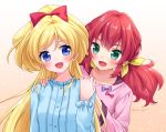  2girls :d aikatsu!_(series) aikatsu_friends! asuka_mirai_(aikatsu_friends!) bangs blonde_hair blue_eyes blue_shirt blush bow brown_background collarbone commentary_request eyebrows_visible_through_hair gradient gradient_background green_eyes hair_between_eyes hair_bow hair_ribbon hand_up hands_on_another&#039;s_shoulders high_ponytail hoshino_kagari kamishiro_karen long_hair long_sleeves low_twintails multiple_girls open_mouth pink_shirt ponytail red_bow red_hair ribbon shirt smile twintails twitter_username upper_body very_long_hair white_background yellow_ribbon 