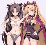  2girls anklet armlet asymmetrical_legwear asymmetrical_sleeves bangs bare_shoulders between_breasts black_cape black_hair black_legwear blonde_hair breasts bridal_gauntlets buckle cape crown detached_collar earrings elbow_gloves ereshkigal_(fate/grand_order) fate/grand_order fate_(series) fur-trimmed_cape fur_trim gloves hair_ribbon highres hoop_earrings infinity ishtar_(fate/grand_order) jewelry long_hair looking_at_viewer medium_breasts midriff multicolored multicolored_cape multicolored_clothes multiple_girls navel neck_ring necklace open_mouth parted_bangs pelvic_curtain red_cape red_eyes red_ribbon ribbon single_elbow_glove single_sleeve single_thighhigh skull smile spine thighhighs tiara toeless_legwear two_side_up very_long_hair yellow_cape yoshit_m 