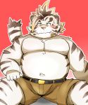  2019 anthro belly blush bottomwear clothing eyewear felid fur glasses hi_res licho_(tas) male mammal mohumohudansi moobs navel nipples overweight overweight_male pantherine shorts simple_background sitting solo tiger tokyo_afterschool_summoners video_games white_body white_fur 