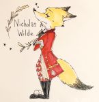 2016 alternate_version_at_source anthro biped boots canid canine character_name clothed clothing coat dipstick_tail disney footwear fox fully_clothed fur hi_res looking_aside looking_at_viewer male mammal multicolored_body multicolored_fur multicolored_tail nick_wilde side_view solo standing strawberry628_(artist) text topwear two_tone_tail zootopia 