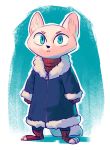  2019 ambiguous_gender anthro arctic_fox black_nose blue_background blue_eyes canid canine clothed clothing coat disney fox fuel_(artist) fully_clothed fur hi_res looking_at_viewer mammal outline simple_background skye_(zootopia) solo standing toeless_legwear topwear white_background white_body white_fur zootopia 