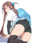  1girl all_fours arm_warmers asagumo_(kantai_collection) ass backpack bag bike_shorts black_legwear blue_bow blue_eyes blush bow brown_hair commentary_request from_behind grey_skirt hair_bow hair_rings highres kantai_collection long_hair looking_at_viewer miniskirt mtu_(orewamuzituda) nose_blush randoseru shirt short_sleeves shorts shorts_under_skirt simple_background skirt skirt_lift solo sweat thighhighs thighs upskirt white_background white_shirt 