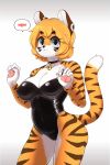  2019 5_fingers anthro bell big_breasts blonde_hair blue_eyes breasts camel_toe cleavage clothed clothing felid female fingers fur glitch hair hi_res jupiter_europe leotard looking_at_viewer mammal nipple_outline orange_body orange_fur pantherine solo standing striped_body striped_fur stripes tiger 