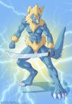  2014 4_toes 5_fingers angry anthro blue_background blue_body claws dialuca01 electricity fan_character fingers front_view geminisaint holding_object holding_weapon looking_aside male manectric manny_raibolt melee_weapon muscular muscular_male nintendo nipples nude pok&eacute;mon pok&eacute;mon_(species) simple_background solo standing sword text toes url video_games watermark weapon 