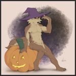  2019 anthro border canid canine clothed clothing digital_media_(artwork) eyebrows food fruit fur halloween hat headgear headwear hi_res holidays jack-o&#039;-lantern kusy looking_at_viewer magic_user male mammal nude partially_clothed plant pumpkin simple_background solo weers witch 