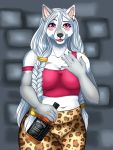  2018 alcohol amber_wind anthro belly beverage big_breasts black_nose blush braided_hair breasts canid canine canis clothing digital_media_(artwork) drunk ear_piercing ear_ring female fur grey_body grey_fur hair hi_res jack_daniels leggings legwear long_hair looking_at_viewer makeup mammal mature_female overweight piercing red_eyes shirt slightly_chubby smile solo standing substance_intoxication tank_top teeth tongue topwear whiskey white_body white_fur white_hair wide_hips wolf 