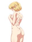  1girl ass bangs blonde_hair blush breasts commentary_request covering covering_breasts cowboy_shot eyebrows_visible_through_hair from_side green_eyes half_updo hand_up head_tilt medium_breasts mizuhashi_parsee nose_blush nude ootsuki_wataru pointy_ears profile short_hair sidelocks simple_background solo standing thighs touhou white_background 